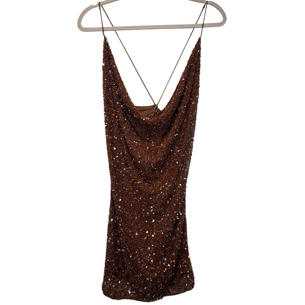 retrofête Brown Sequin Cowl Neck Strappy Mini Slip Dress Women’s M
